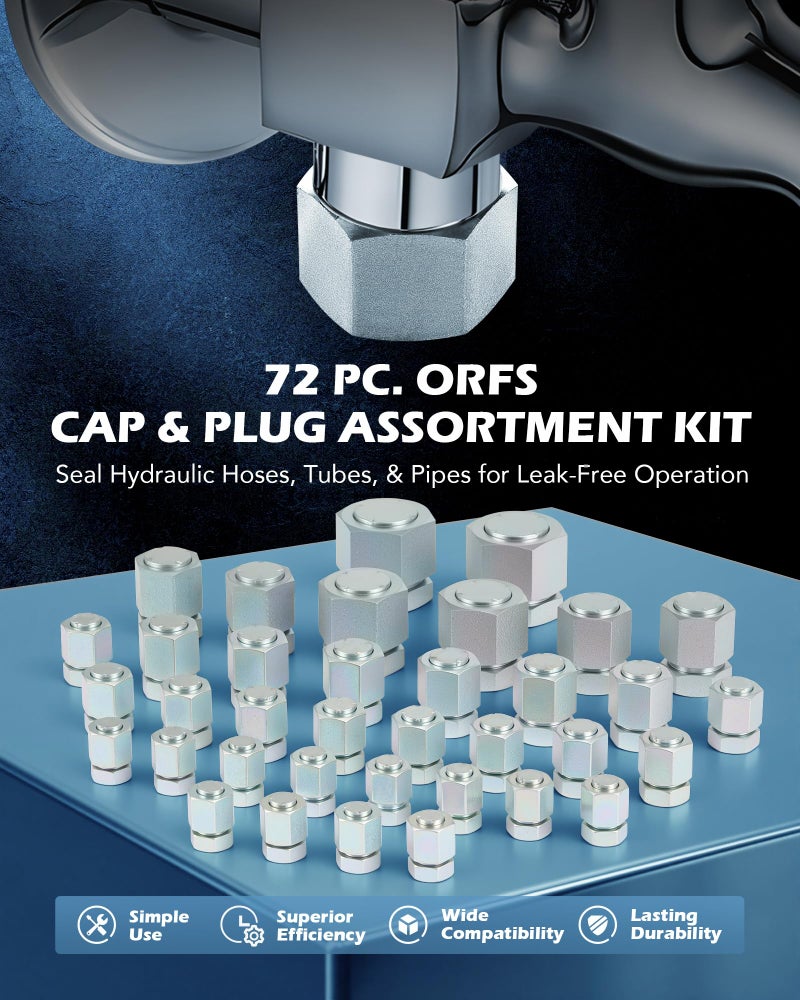 ZELCAN Hydraulic Hose Cap & Plug Kit, 72pc O-Ring Face Seal Plug and Cap Assortment Kit for Dash Size 4 6 8 10 12 16, Heavy-Duty Hydraulic Hose Fitting Kit for Industrial Pipe Tube Sealing - Image 2